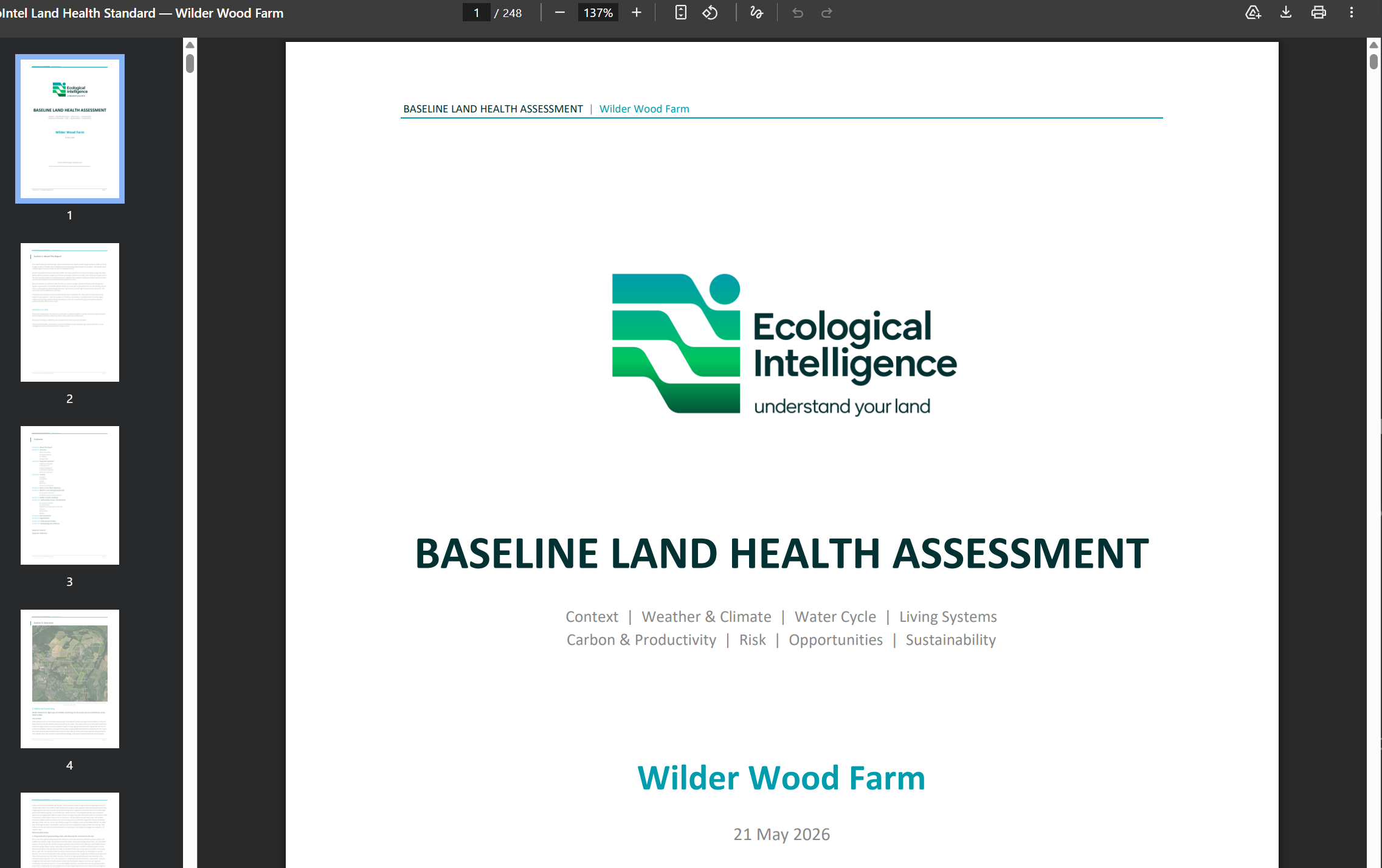 The Baseline Land Health Assessment report opened to a page showing the verdict, executive summary and the four ecosystem-process diagnoses.