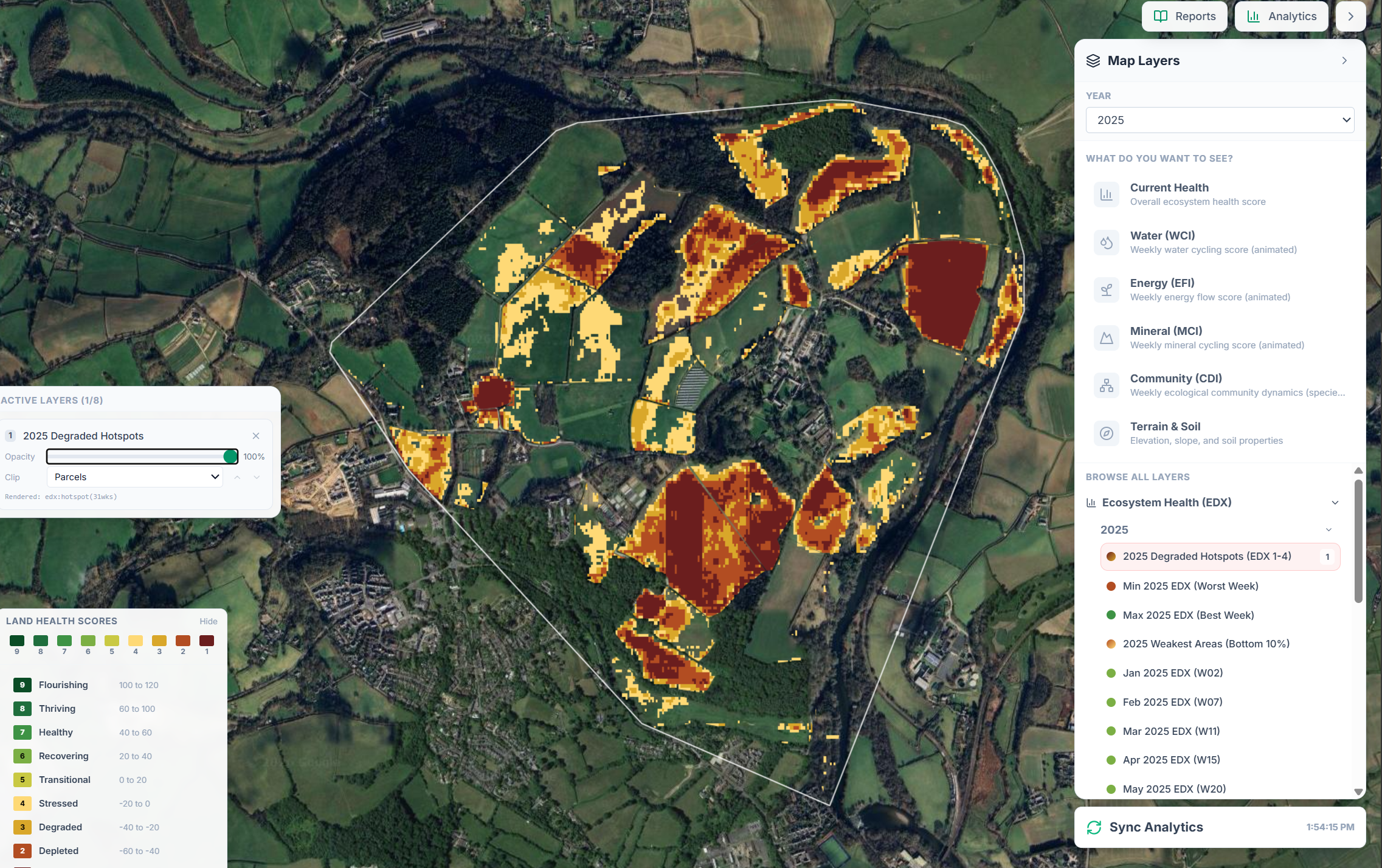 Degraded-hotspots map of Wilder Wood Farm — fields where multi-year ecological decline has been flagged, highlighted within the parcel grid.