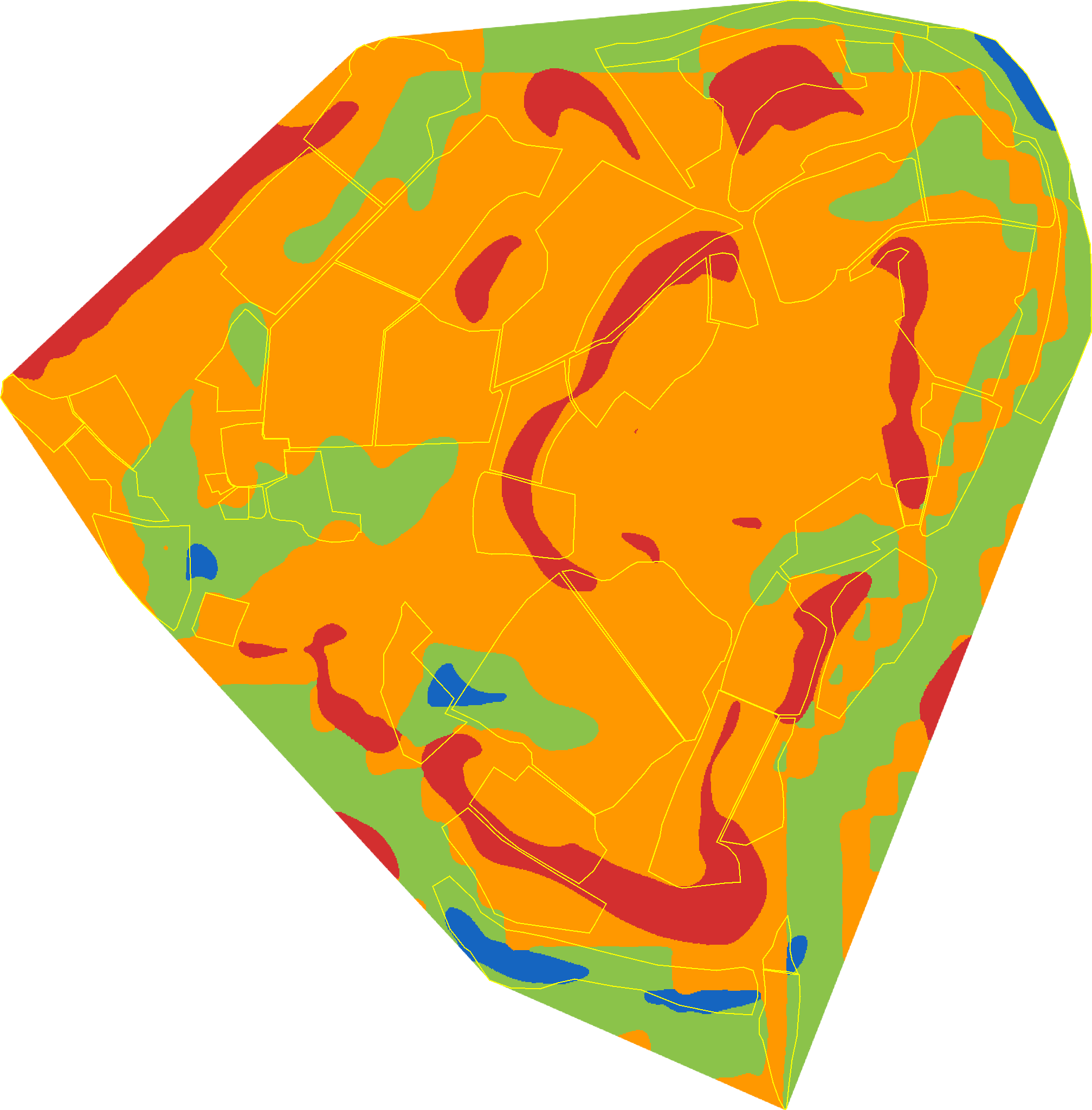 Keyline zones map for Wilder Wood Farm — colour-banded Zone 1 ridge catchment through Zone 4 valley floor, the planning template for where water, fencing and tree lines should sit.