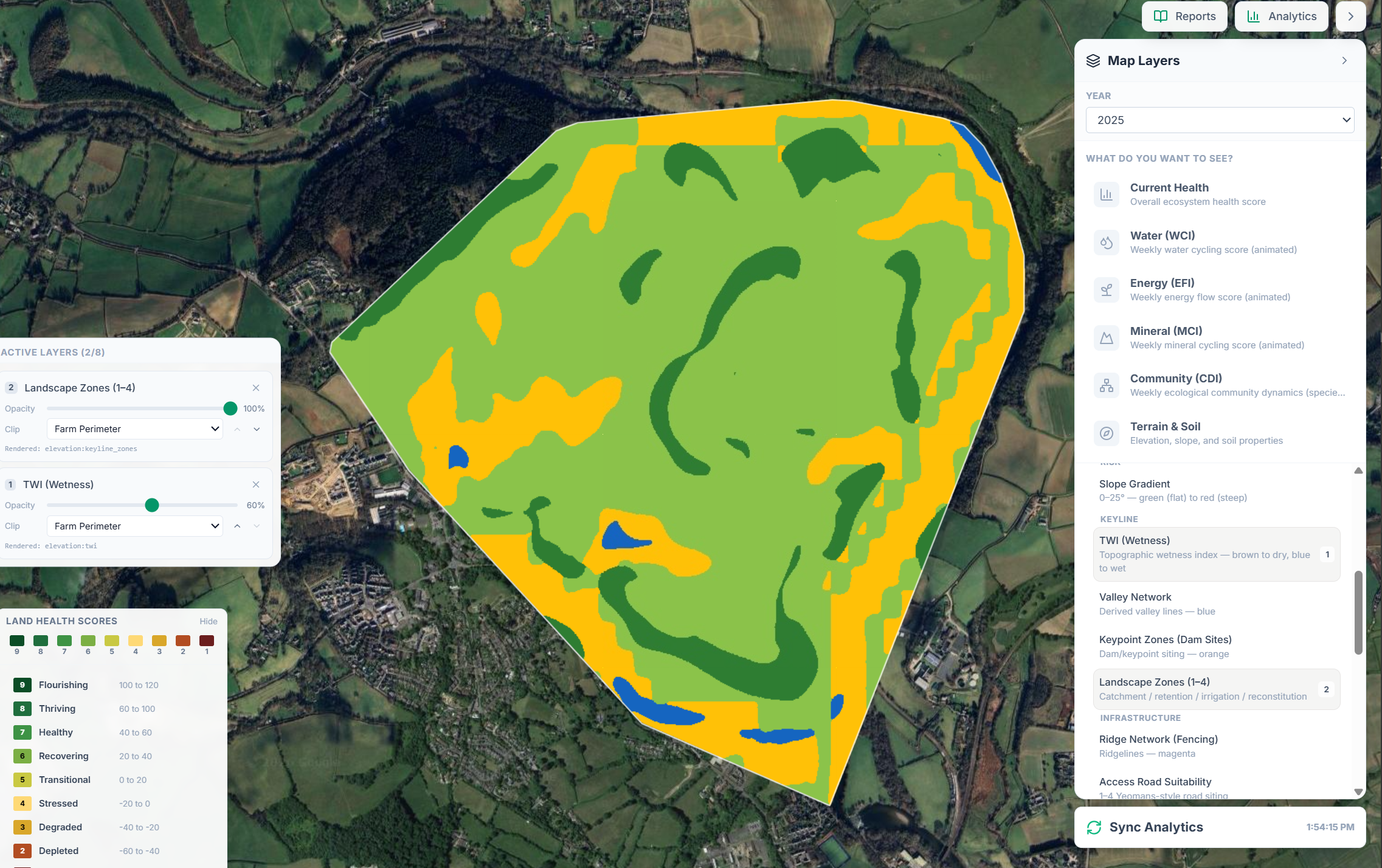 Landscape-zones view of Wilder Wood Farm — the property mapped against its surrounding ecoregional context, showing how the score is calibrated to what is achievable for this climate-landform-landcover combination.