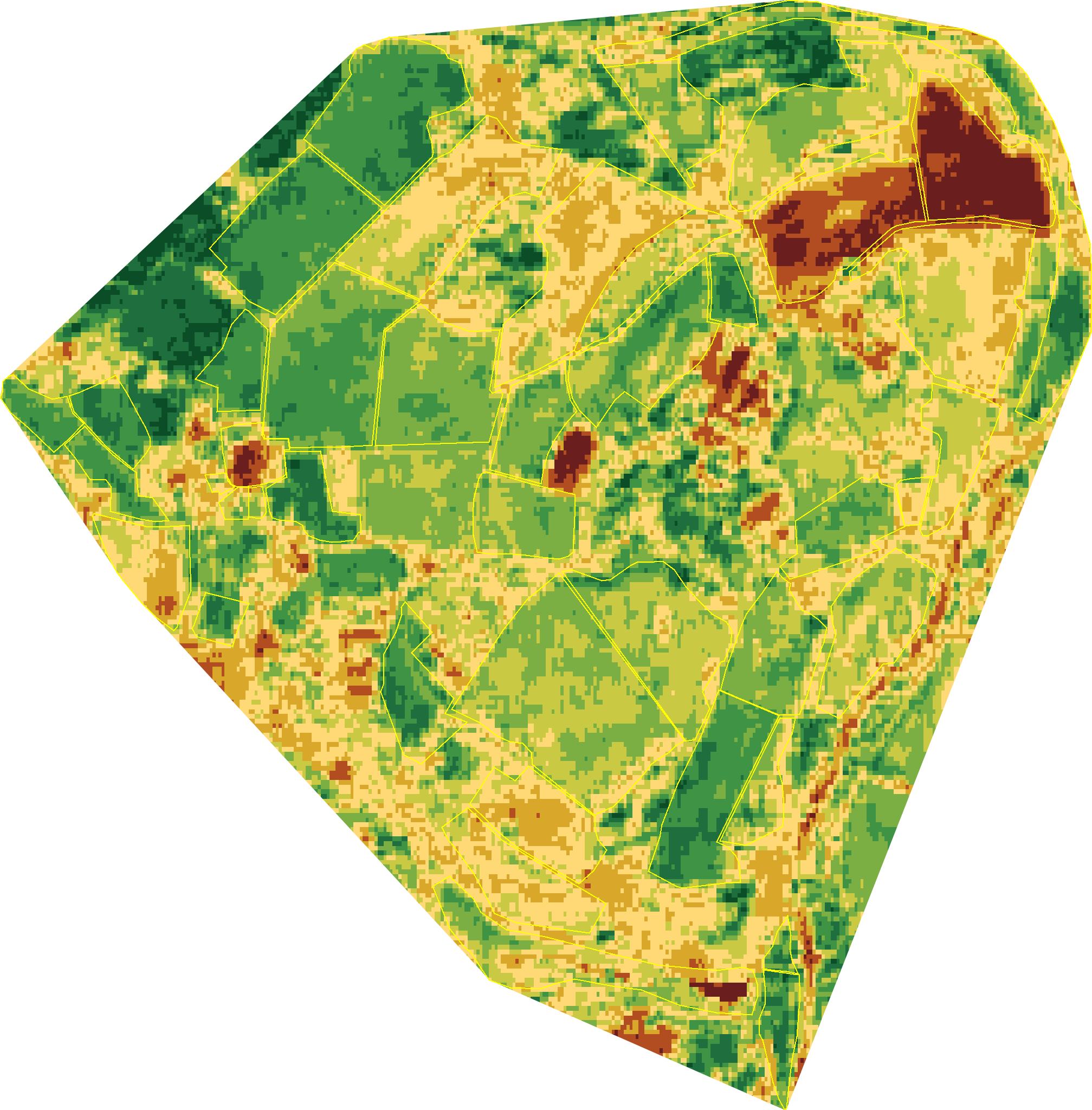 Land Health classification map of Wilder Wood Farm in 2018 — every 10-metre hexagon shaded on the nine-band score scale, dark green for healthier parcels through to brown where ecological function has thinned.