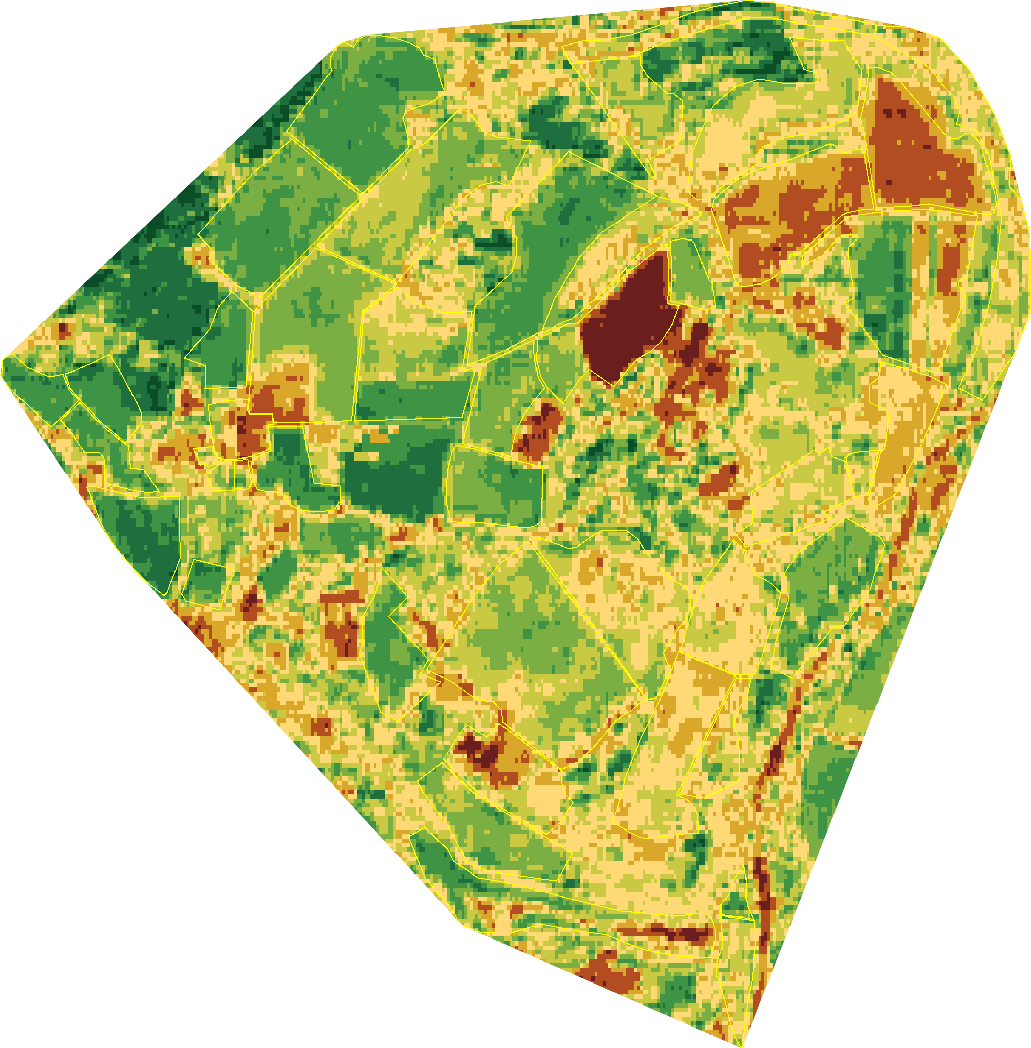 Land Health classification map of Wilder Wood Farm in 2020 — every 10-metre hexagon shaded on the nine-band score scale, dark green for healthier parcels through to brown where ecological function has thinned.