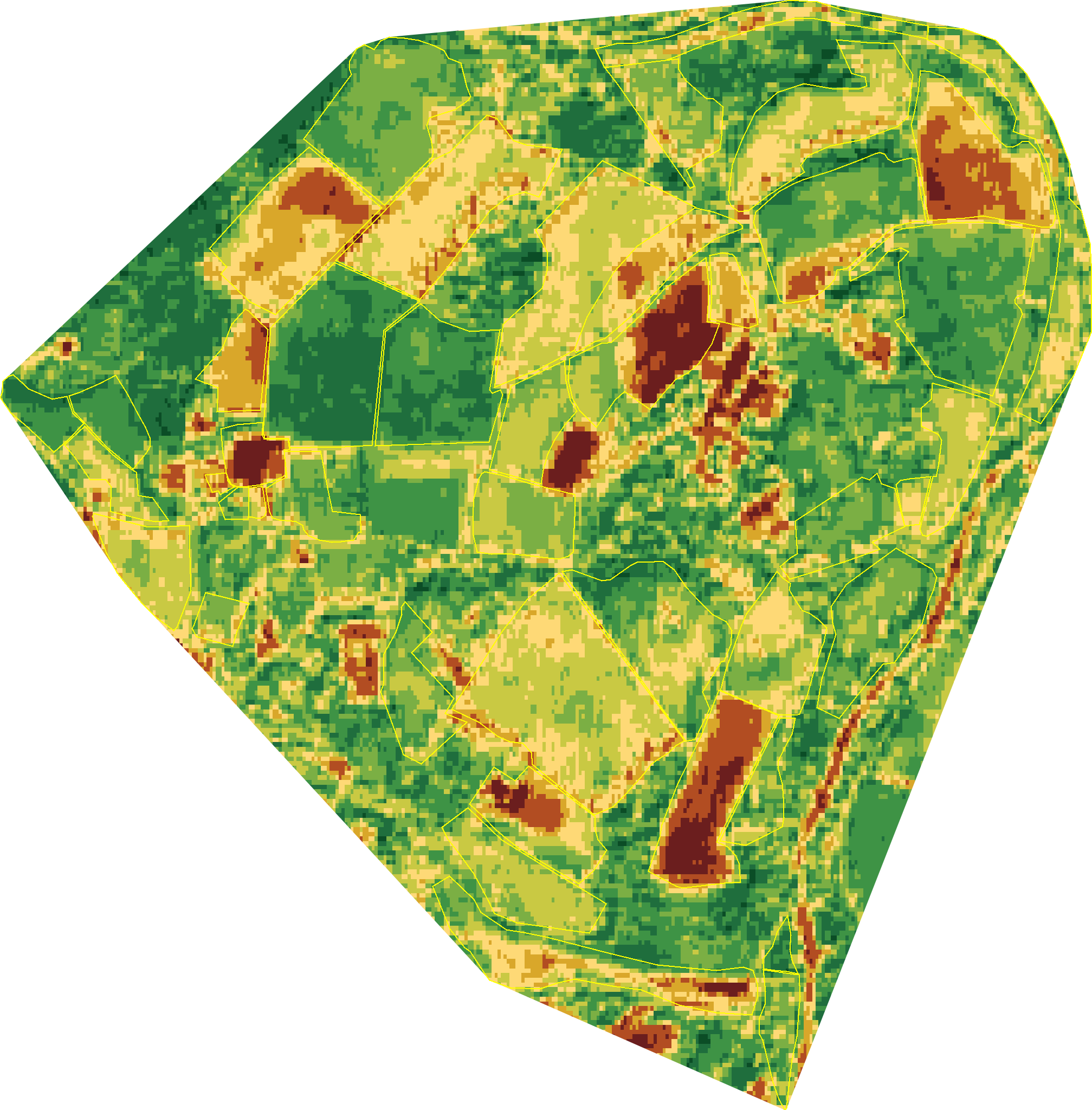 Land Health classification map of Wilder Wood Farm in 2021 — every 10-metre hexagon shaded on the nine-band score scale, dark green for healthier parcels through to brown where ecological function has thinned.