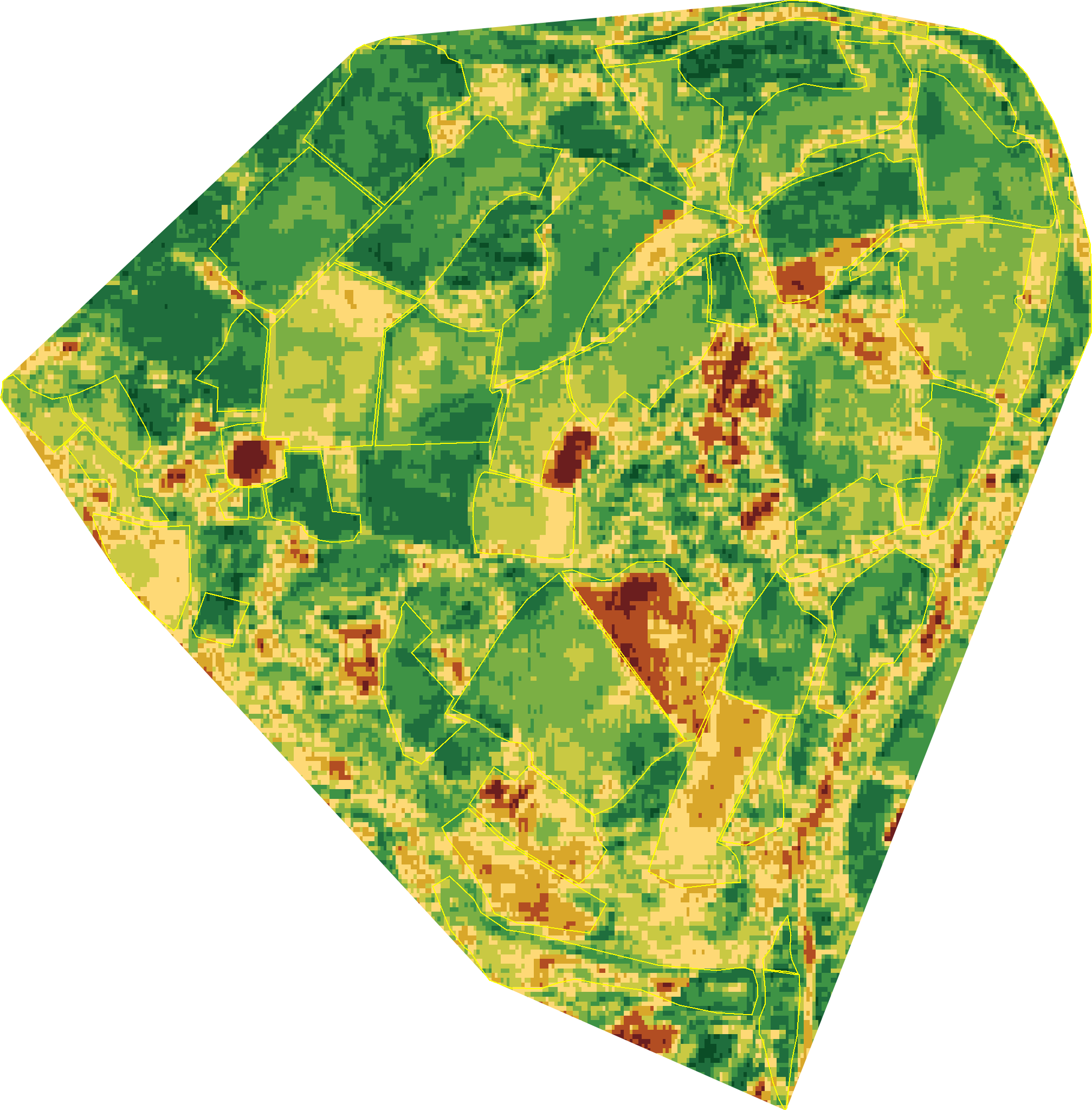 Land Health classification map of Wilder Wood Farm in 2023 — every 10-metre hexagon shaded on the nine-band score scale, dark green for healthier parcels through to brown where ecological function has thinned.