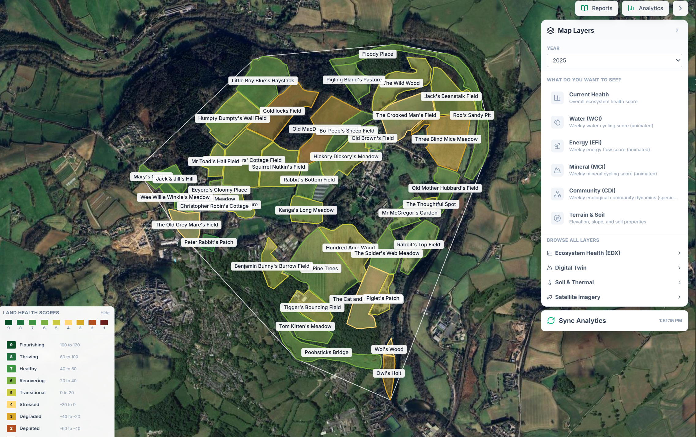 Whole-farm field map of Wilder Wood Farm, Davonia. Every parcel named, the Land Health Score legend on the left, and the map-layers panel on the right showing the four ecosystem processes and other layers.