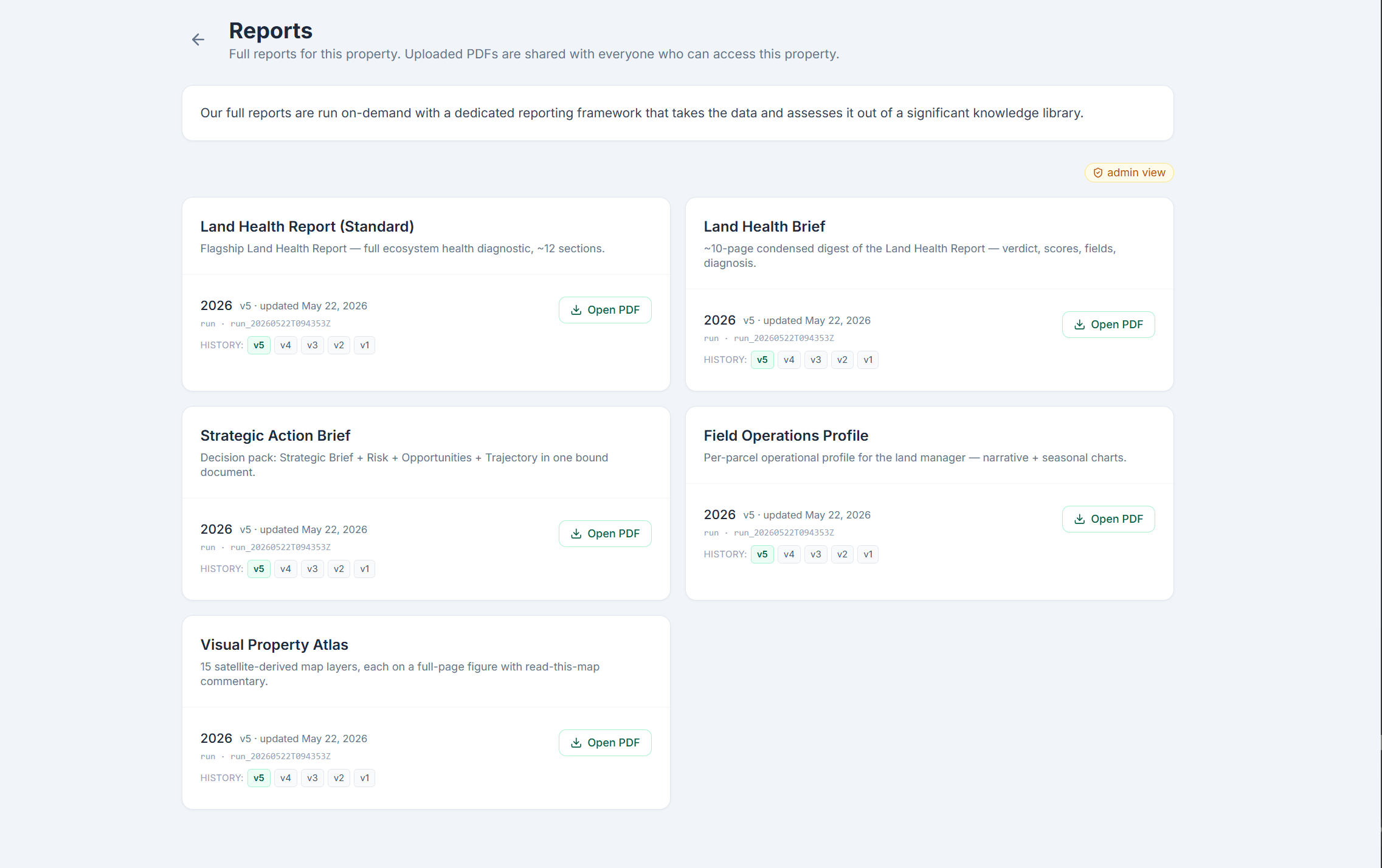 The reports tab inside the EcoIntel app showing the full Wilder Wood Farm report suite: Baseline Land Health Report, Land Health Brief, Strategic Action Brief, Field Operations Profile, and Visual Property Atlas, each with an open-PDF action.