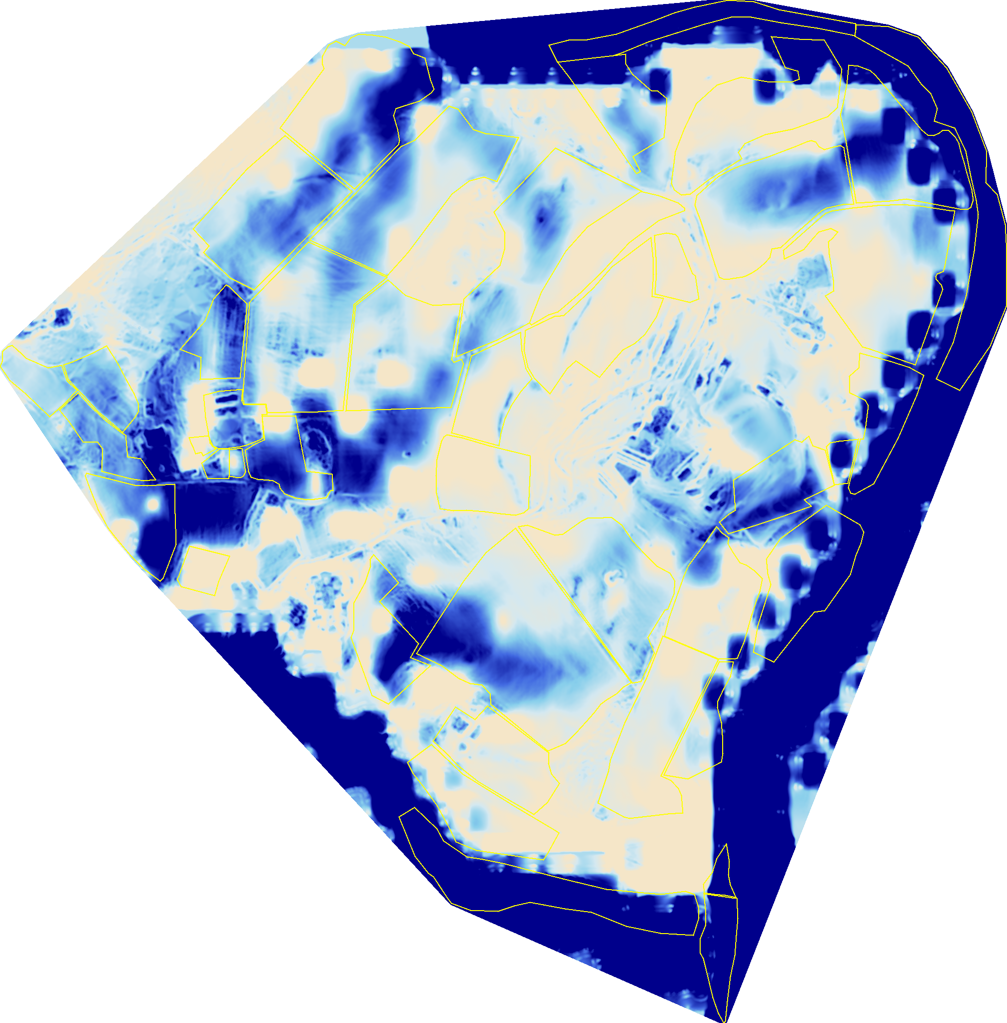 Topographic Wetness Index for Wilder Wood Farm — bright tones show where water collects, dark tones where it sheds.