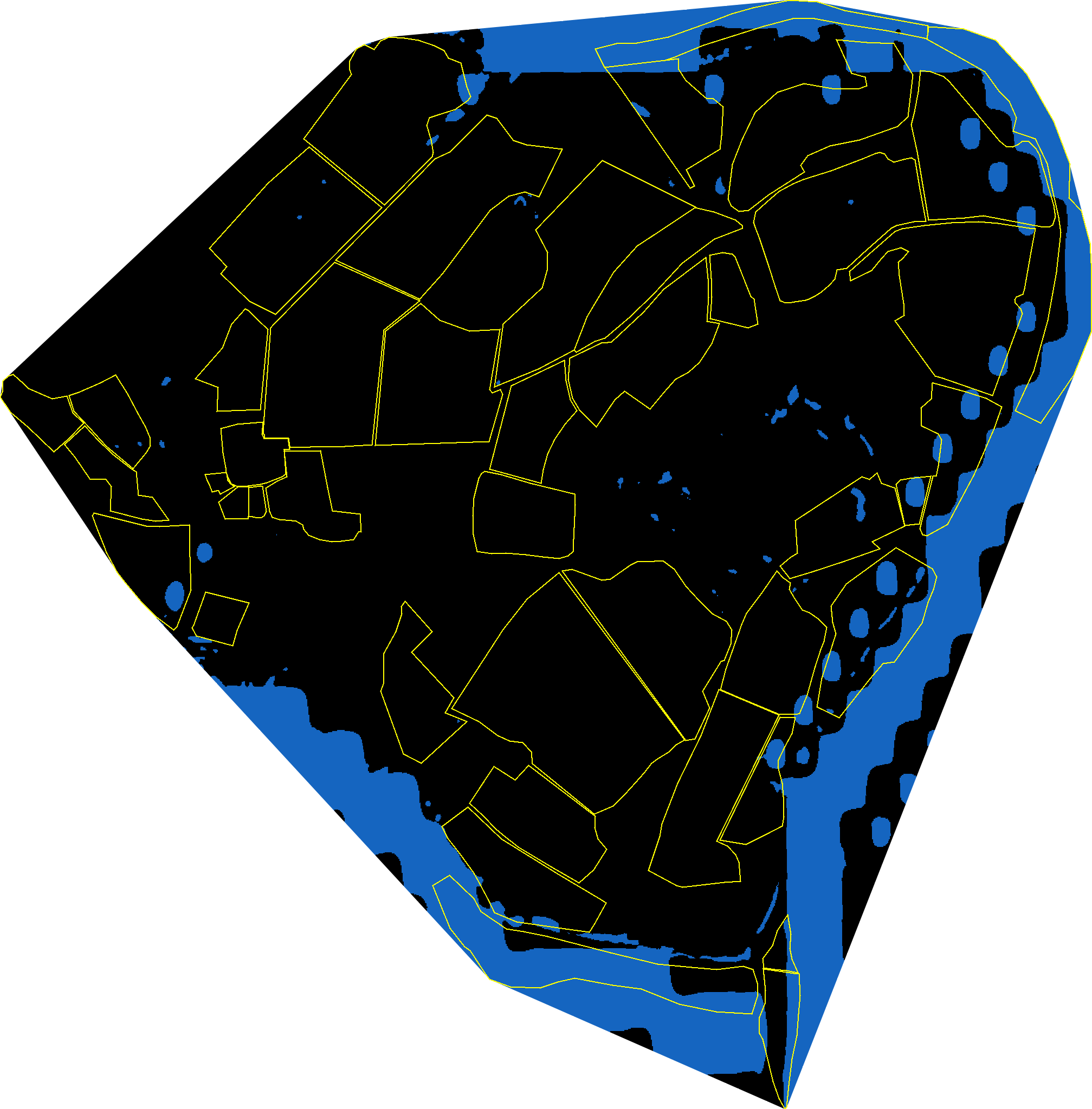 Terrain-derived valley network for Wilder Wood Farm — branching blue drainage lines traced from the digital elevation model, showing where surface water naturally concentrates across the property.