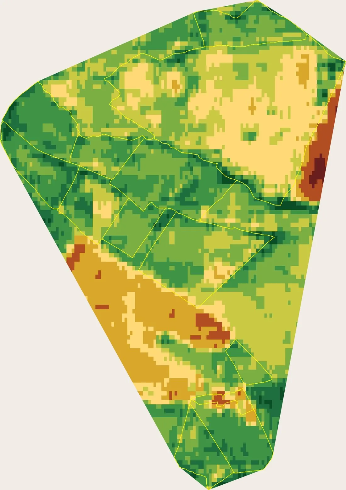 Land health classification map of Planton Court Farm for 2025, scored in 10 metre blocks, with deep greens across most of the holding and yellow to orange patches on the poorer ground.