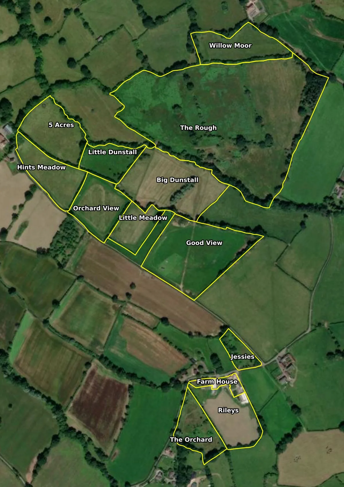 Aerial view of Planton Court Farm with all 13 fields outlined and named, showing how the holding is laid out across the hillside.