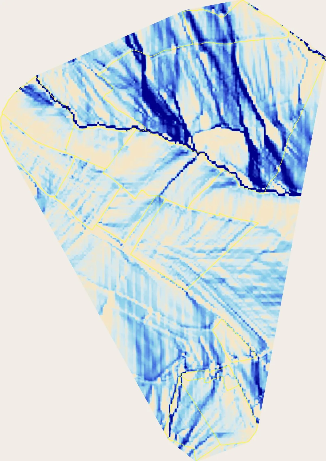 Topographic Wetness Index map of Planton Court Farm, with deep blue lines tracing where water collects and pale ground showing where it sheds.