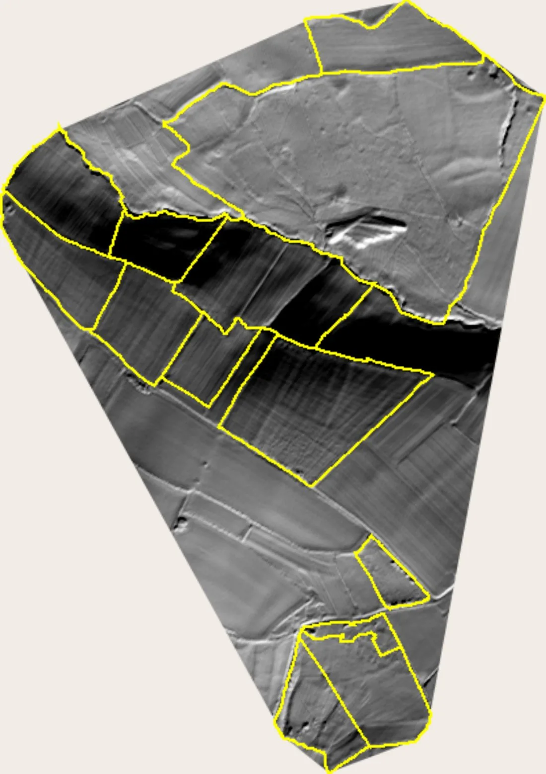 Midwinter hill shade map of Planton Court Farm, where dark ground stays in shade at the winter solstice and pale ground catches the low sun.