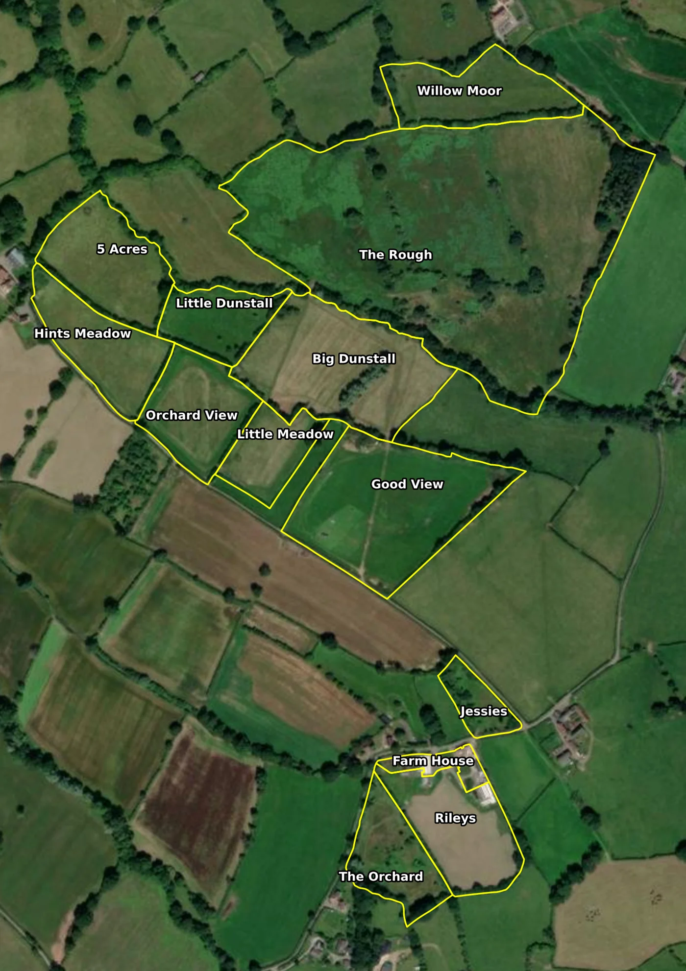 Satellite base-map of Planton Court Farm with every field boundary outlined and named across 32.5 hectares.