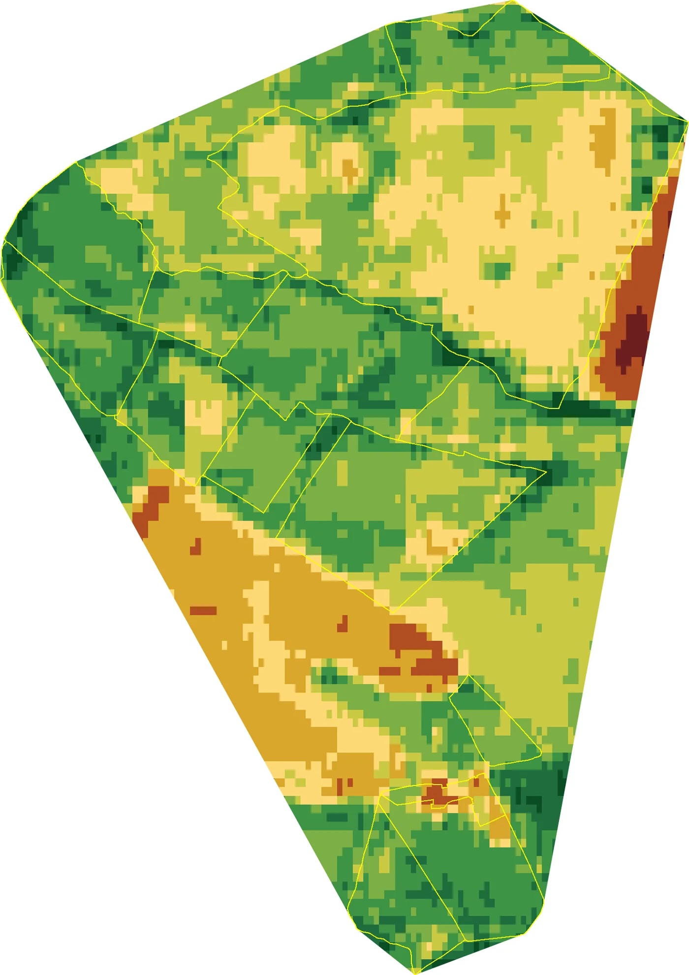 Land health classification map of Planton Court Farm for 2025, each 10 metre block classified 1 to 9 by its Land Health band, greener is healthier.