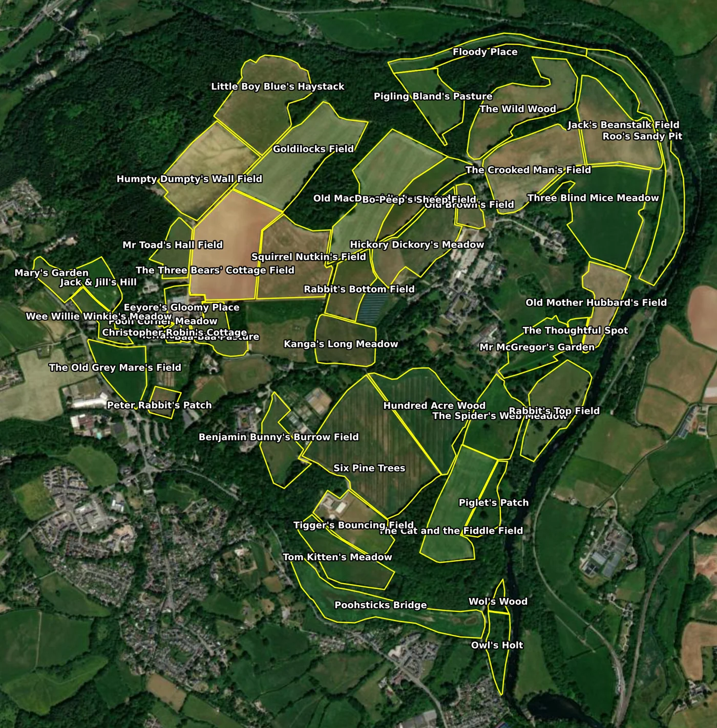 Satellite base-map of Wilder Wood Farm with every field boundary outlined and named across 175 hectares.