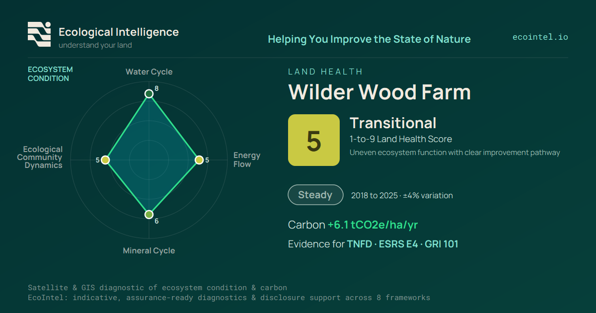 EcoIntel Land Health card for the demonstration site, Wilder Wood Farm: ecosystem condition read from satellite as a Land Health Score of 5 (Transitional) on the 1-to-9 scale, with the four ecosystem flows (Water Cycle, Energy Flow, Mineral Cycle, Ecological Community Dynamics), an eight-year steady trajectory, a carbon balance of +6.1 tCO2e per hectare per year, and evidence for TNFD, ESRS E4 and GRI 101.